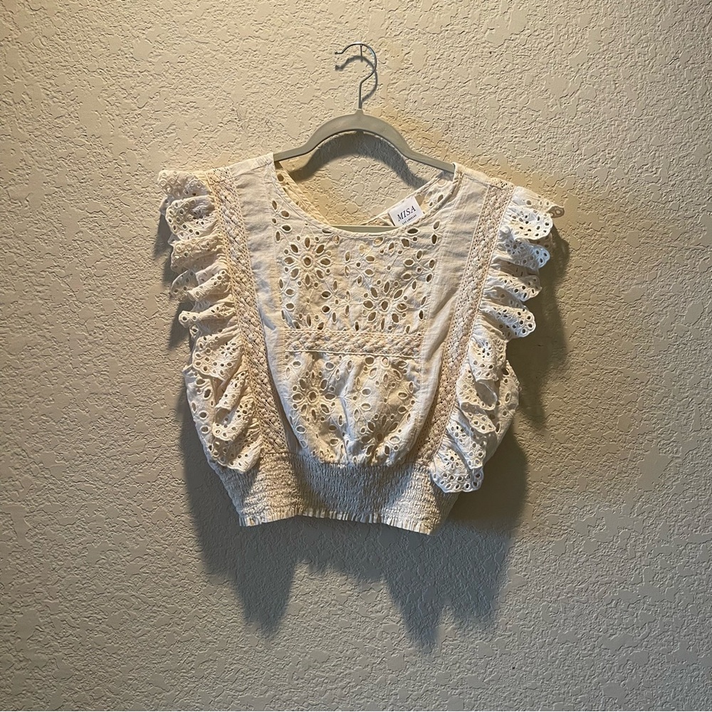 MISA LOS ANGELES cream colored eyelet tassel back crop top, size L